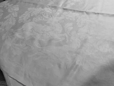 Linge Ancien nappe Damassée De Soie Décor Chasse La Meute Vénerie Monogramme M B - Photo 1/4