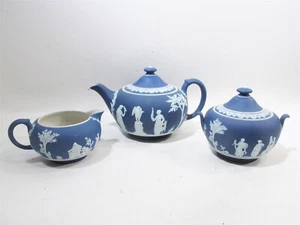 Antike Wedgwood England Jasperware Kobalt Dunkelblau Teekanne Sahne & Zucker - Bild 1 von 15