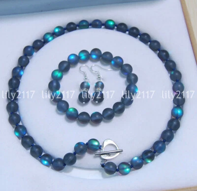 6-12 мм серый блестящий радужный лунный камень круглый бисер ожерелье браслет серьги комплект - Изображение 1 из 3