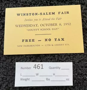 Winston Salem Fair Ticket (North Carolina) Card Inventory # 461 - Picture 1 of 2