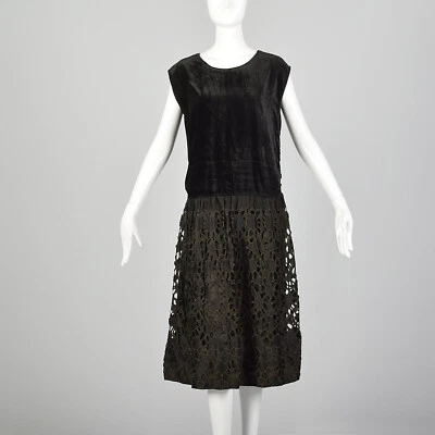 M 1920s Vestido Negro LBD Cintura Caída Encaje Falda Terciopelo Top Gatsby Aleta Años 20 De Colección Foto 1 de 4