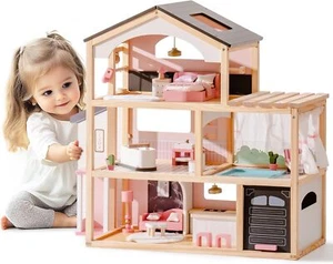 Wooden Dollhouse Doll House with 29 Pieces Furniture Set Pool and Elevator - Picture 1 of 9