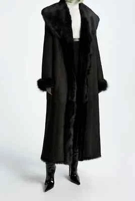 Abrigo Largo DONNA KARAN Nueva York Piel de Cordero Gamuza Piel Mediano Negro Bolsillos M RARO Foto 1 de 4