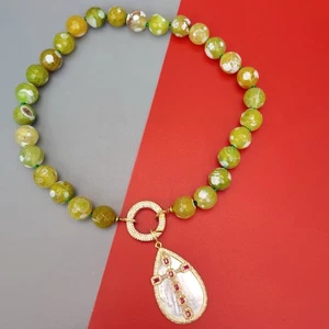 agate Faceted round necklace 30x45mm white sea shell teardrop cz pave pendant - Picture 1 of 8