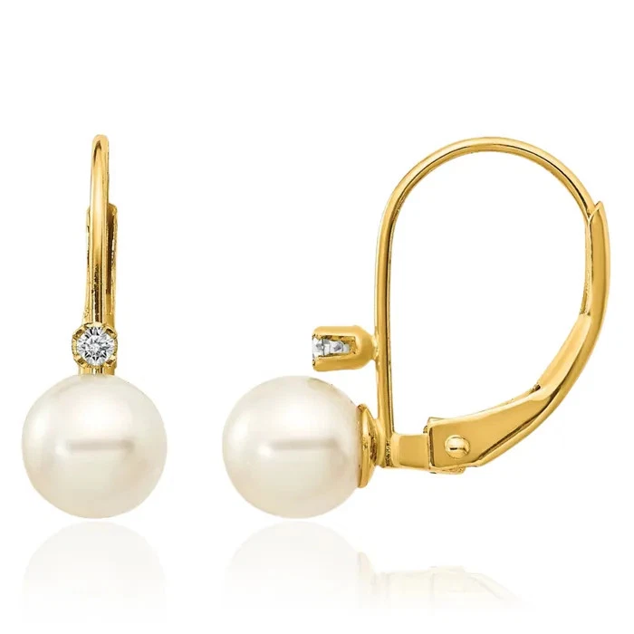 14K Solid Yellow Gold 5mm White Round Freshwater Cultured Pearl Diamond Dangl... - Image 1 of 4
