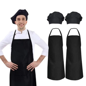 2 Pack Black Chef Hat and Apron Set, Kitchen Cooking Bib Aprons for Men Women... - Picture 1 of 6