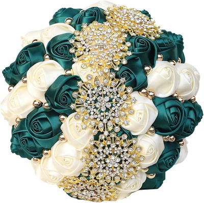 Emerald Green Ivory Bridal Wedding Bouquet with Bling Gold Rhinestone Pearl for  - Image 1 of 4