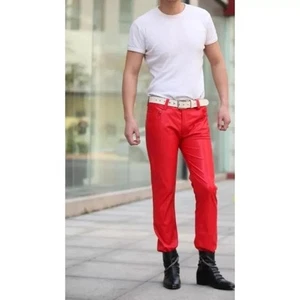 New Red Leather Pant For Men's Real Lambskin Leather Jeans Style Trousers - Picture 1 of 4