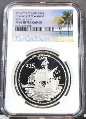1992 B V ISLANDS SILVER 25 DOLLARS SIGHTING LAND NGC PF 69 ULTRA CAMEO TOP POP - Image 1 of 3