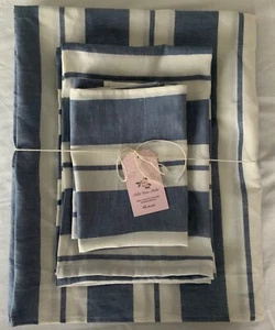 NEW COTTON LINEN BLEND HANDMADE BATH TOWELS SET of 6-COTTAGE STRIPE FRENCH BLUE - Picture 1 of 9