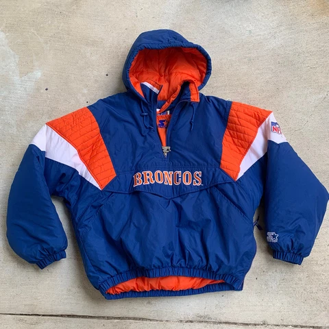 Vintage Denver Broncos Starter Jacket Adult XL Blue Orange Puffer Pull Over Men Cover