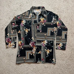 Vintage Women’s Polyester Geometric Floral Blouse Big Collar Shirt Top Black - Picture 1 of 4
