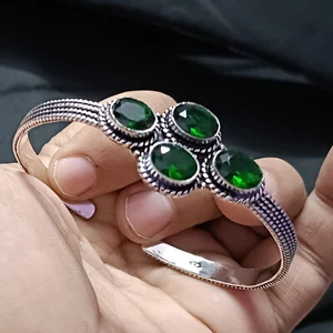 Chrome Diopside Gemstone 925 Sterling Silver Boho Man's & Women's Cuff Bracelet - Picture 1 of 4