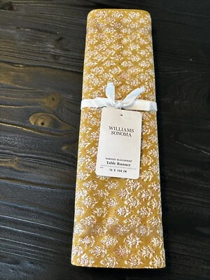 NEW Williams Sonoma Harvest Block Print Mustard Yellow Table Runner 16” x 108” - Image 1 of 4