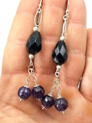 Orecchini AMETISTA Spiaggia Donna Pendenti In Argento 925 Rodiato Onice - Immagine 1 di 4