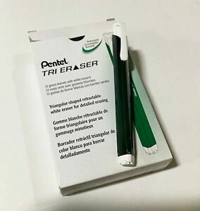 NEW Pentel 12-PACK Box Tri Retractable White Eraser GREEN Barrel School Supplies