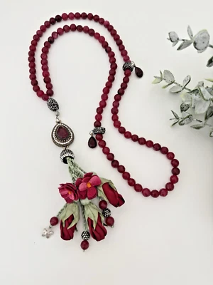Hecho a mano 99 cuentas de oración de piedras preciosas rojas Tasbih Misbaha Rosario Mala borla de seda Foto 1 de 4