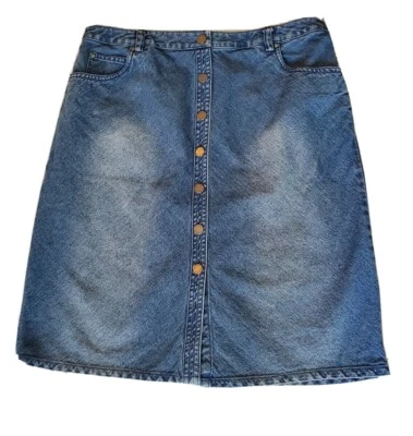 Falda vaquera Valerie Stevens para mujer talla 10 azul denim frente a presión línea A vintage Foto 1 de 4