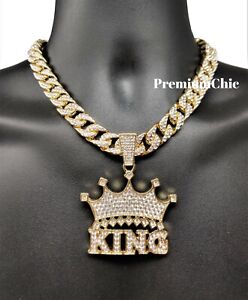 XL Crowned King Pendant Necklace with Rope or Cuban Chain Mens Hip Hop Jewelry