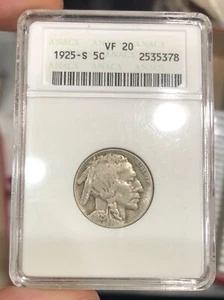 1925-S Buffalo Nickel graded VF20 by ANACS Soapbox Holder Better Date - Picture 1 of 2