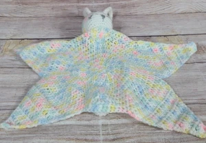 Handmade Knit Crochet Sleeping Bunny Baby Lovey Security Blanket White Pink Blue - Picture 1 of 3