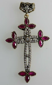 Vermeil Gold Cross Chalcedony Red /Clear Stones Pendant Vintage Style - Zdjęcie 1 z 9