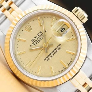 ROLEX LADIES DATEJUST 69173 CHAMPAGNE LINEN 18K YELLOW GOLD STEEL 2-TONE WATCH - Picture 1 of 9