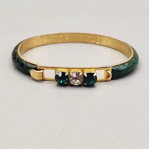 Bangle Bracelet Green Snakeskin Hinged Rhinestones Gold Tone Italy 6.5" - Picture 1 of 11