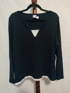 JMS Women's size 18/20W top navy blue white trim LS v-neck studded neckline EUC - Picture 1 of 5