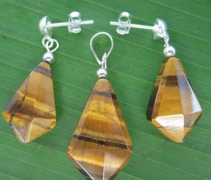 100% REAL 925 sterling silver TIGER EYE 15mmx37mm SET-EARRINGS/PENDANT- Women - Picture 1 of 6