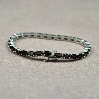 Brazalete de tenis para mujer de plata de ley 925 con piedras preciosas de corte ovalado de cuarzo marrón ahumado Foto 1 de 4
