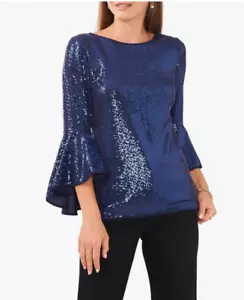 Vince Camuto Metallic Knit Flutter Sleeve Top Navy Size S 1333 - Picture 1 of 4