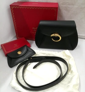 CARTIER Panther 2 way Clutch Shoulder Bag Black Leather with Coin Purse Pouch - Picture 1 of 18