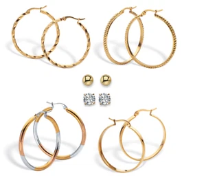 6 PAIR CZ STUD HOOP GOLDTONE GP STAINLESS STEEL SET EARRINGS - Picture 1 of 2