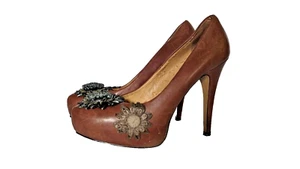 Boho schicke Heels Hippie Nine West Stiletto Blumen abgenutzt Leder Größe 7,5M - Bild 1 von 7