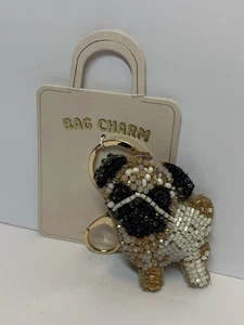 Anthropologie Glass Beaded Dog Lover Bag Charm PUG Black Brown Gold Keychain NWT - Picture 1 of 7
