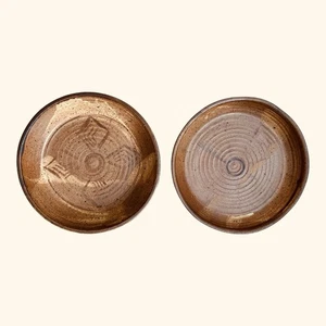 Set Of 2 Rustic Speckled Pottery Bowl Plate 10.5” Earthy Brown Glaze Signed Bush - Picture 1 of 21
