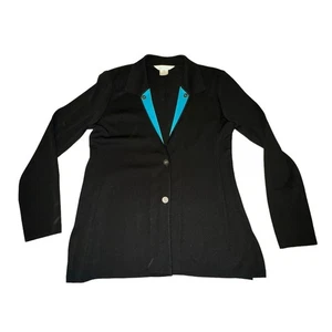 Exclusively Misook Cardigan Womens Size S Black Blue 1 Button Contrasting Collar - Picture 1 of 6