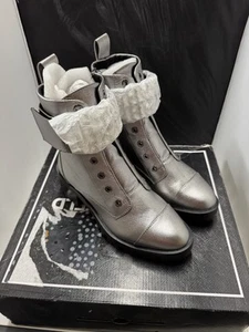 Karl Lagerfeld Paris Pippa Jeweled Strap Silver Leather Combat Boots Size 6.5 - Picture 1 of 17