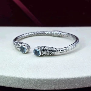 Vintage 925 Sterling Silver Hinged Bangle Bracelet | Genuine Blue Topaz | Ornate - Picture 1 of 11