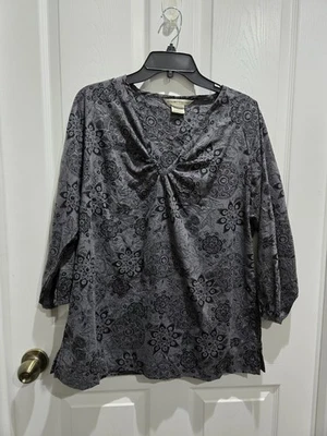 Exofficio Womens 3/4 sleeve blouse Large gray and black floral print - Image 1 of 4