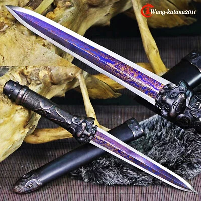 Espada Corta Tigre Damasco Doblada Acero Rojo y Azul China Doble Borde Han Jian 汉剑 Foto 1 de 4