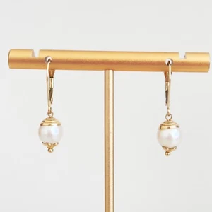 14k Yellow Gold 8MM Genuine Pearl Leverback Dangle Drop Earrings - Picture 1 of 10