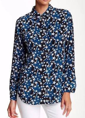 $258 EQUIPO NUEVO CON ETIQUETAS TALLA S CAMISA DE SEDA DELGADA FIRMA TINTA MULTI NOCHE ESTRELLA ESTILO IMPRESIÓN Foto 1 de 4