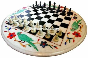 Mesa de centro de ajedrez redonda de mármol de 18" con incrustaciones florales de loro SIN PIEZAS DE AJEDREZ - Imagen 1 de 1