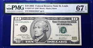 2003 $10 Federal Reserve Note Fr-2037-H* St. Louis PMG67 Superb Gem EPQ - Picture 1 of 2