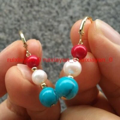 Exotic White Akoya AAA Real Pearl Turquoise Bead Lever back Earrings 14K Gold P  - Image 1 of 4