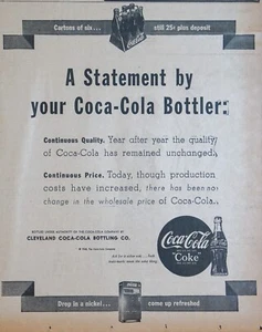 1948 Cleveland Newspaper Page - Statement by Coca Cola Bottler, Price & Quality - Picture 1 of 2