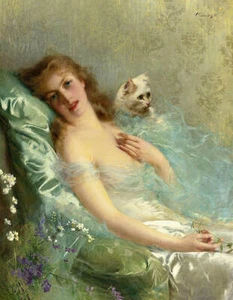 Beautiful Lady in Green with White Cat by Vittorio Matteo Corcos - Picture 1 of 1