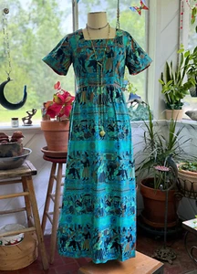 Maxi Vestido Único Estampado Folclórico Maya Vintage Años 60 Algodón, Talla M - Imagen 1 de 11